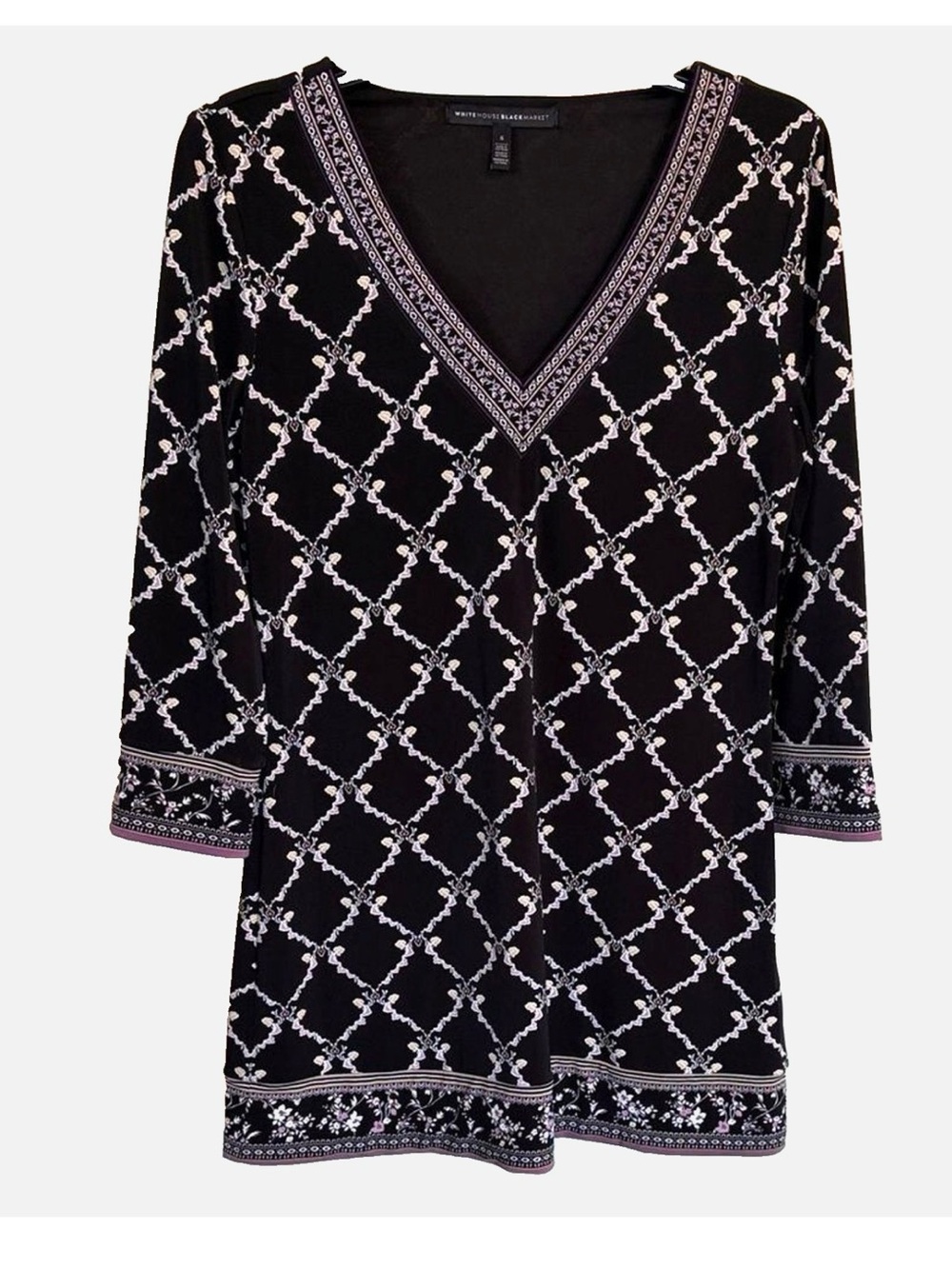 White House Black Market Tunic Top S Black White Floral Border Print V Neck